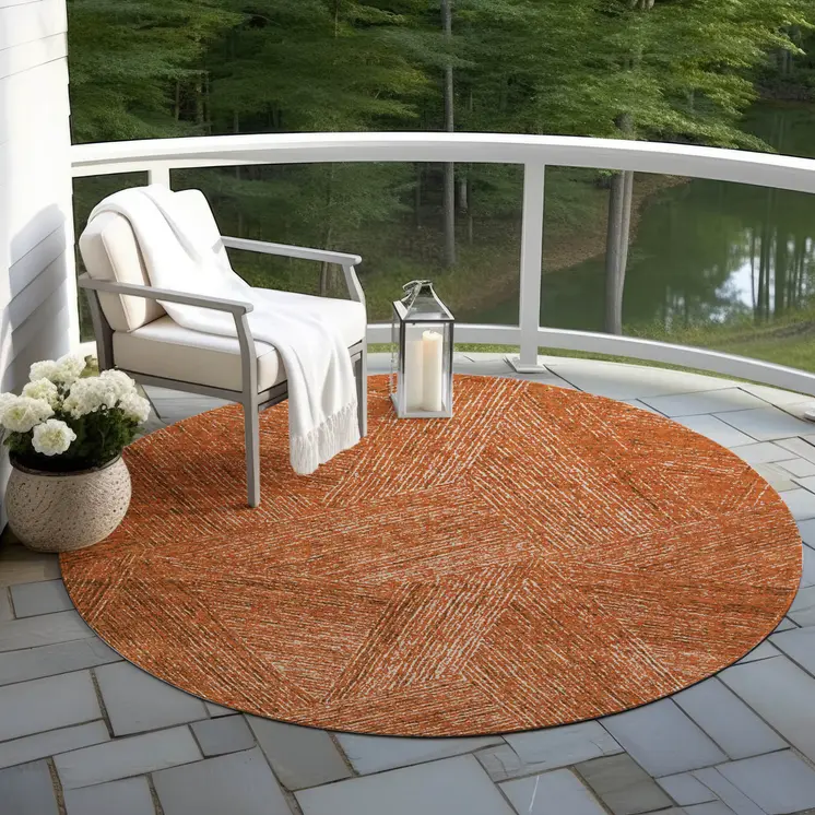 8' Copper Brown And Beige Round Abstract Washable Indoor Outdoor Area Rug