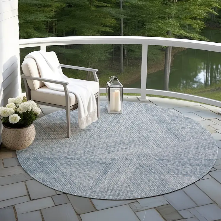 8' Denim Blue And Ivory Round Abstract Washable Indoor Outdoor Area Rug