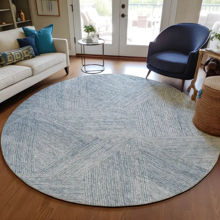 8' Denim Blue And Ivory Round Abstract Washable Indoor Outdoor Area Rug