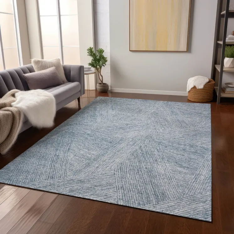 8' X 10' Denim Blue And Ivory Abstract Washable Indoor Outdoor Area Rug