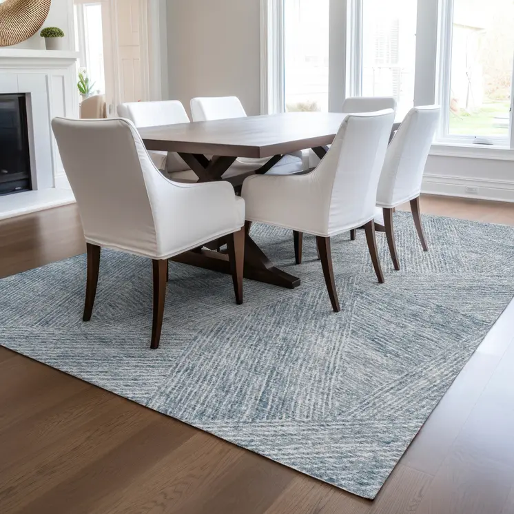 9' X 12' Denim Blue And Ivory Abstract Washable Indoor Outdoor Area Rug
