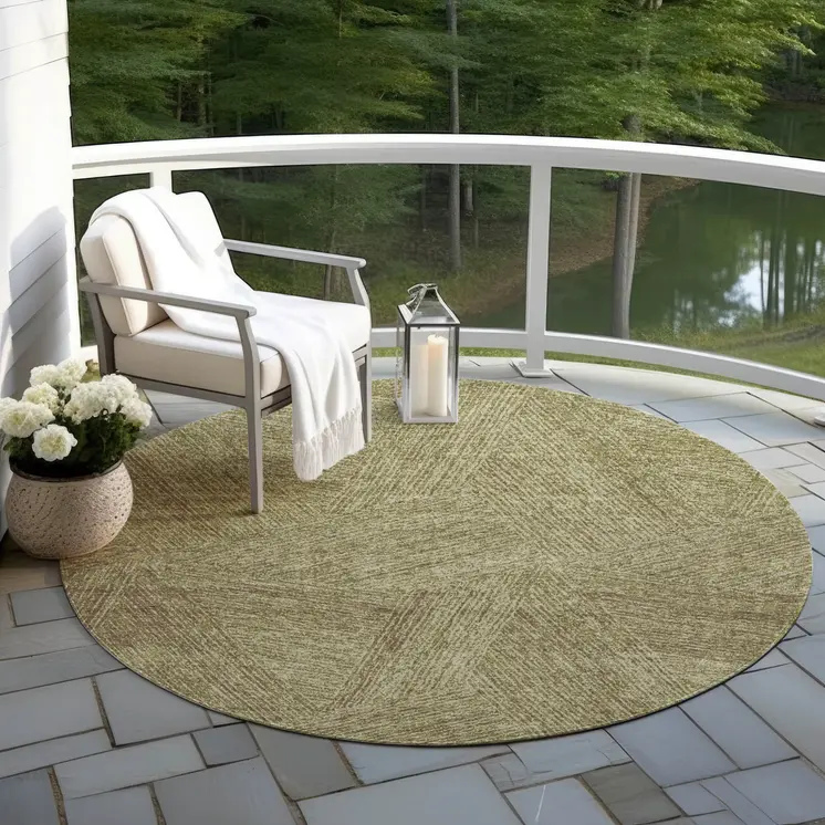 8' Green Beige And Brown Round Abstract Washable Indoor Outdoor Area Rug