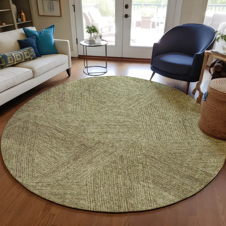 8' Green Beige And Brown Round Abstract Washable Indoor Outdoor Area Rug