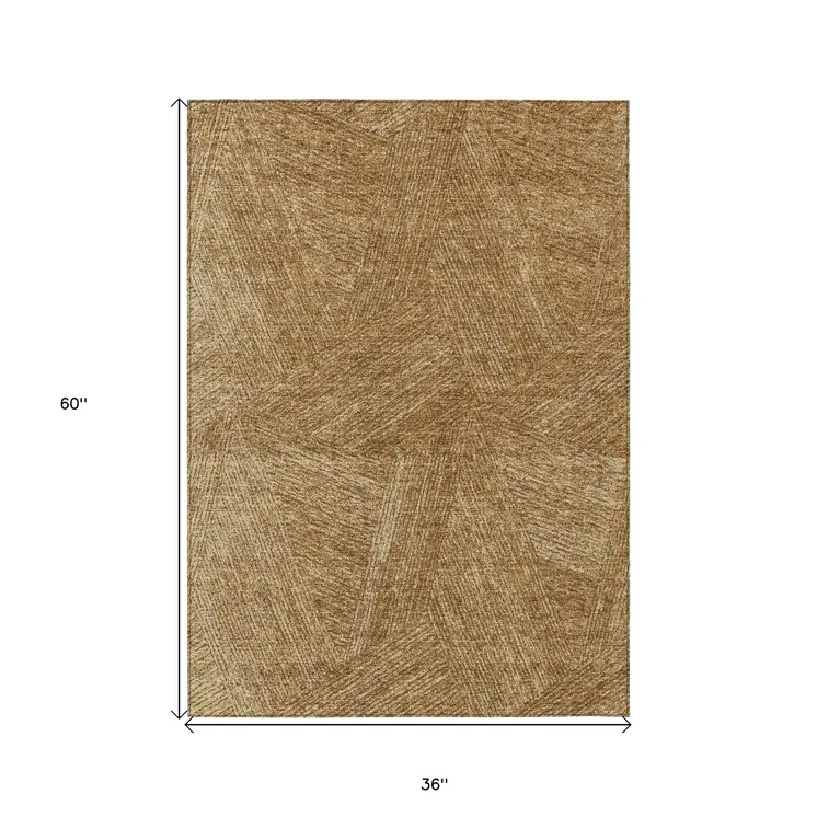 3' X 5' Gold Brown And Ivory Abstract Washable Indoor Outdoor Area Rug