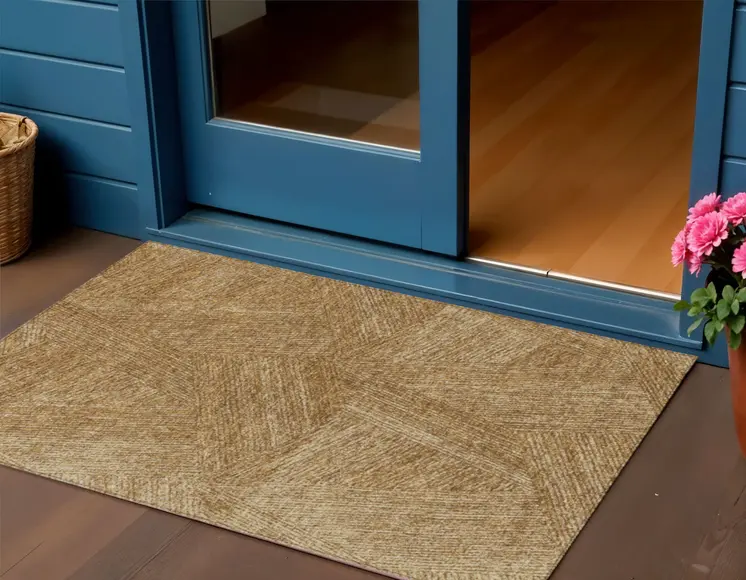 3' X 5' Gold Brown And Ivory Abstract Washable Indoor Outdoor Area Rug