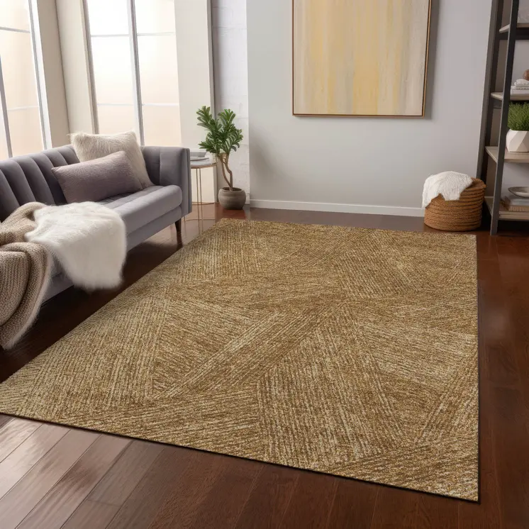 3' X 5' Gold Brown And Ivory Abstract Washable Indoor Outdoor Area Rug