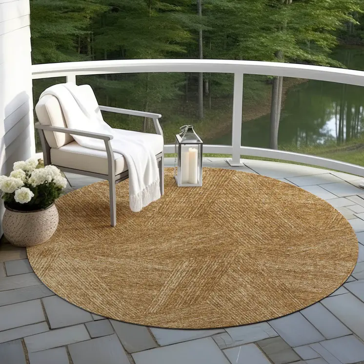 8' Gold Brown And Ivory Round Abstract Washable Indoor Outdoor Area Rug