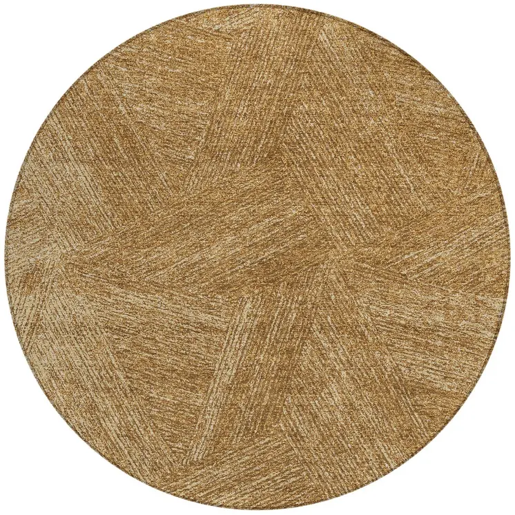 8' Gold Brown And Ivory Round Abstract Washable Indoor Outdoor Area Rug