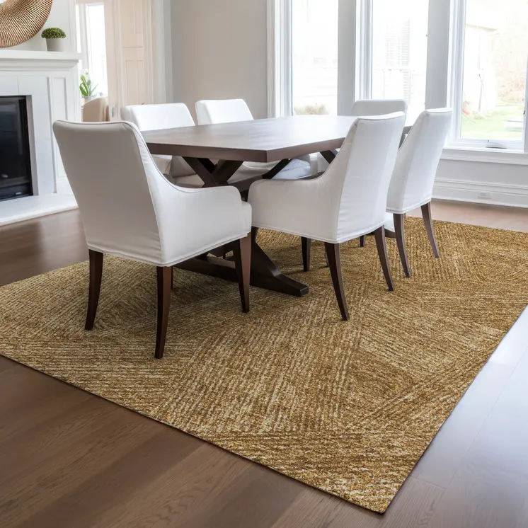9' X 12' Gold Brown And Ivory Abstract Washable Indoor Outdoor Area Rug