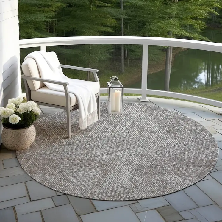 8' Gray Brown And Ivory Round Abstract Washable Indoor Outdoor Area Rug