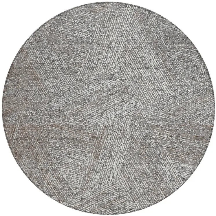 8' Gray Brown And Ivory Round Abstract Washable Indoor Outdoor Area Rug