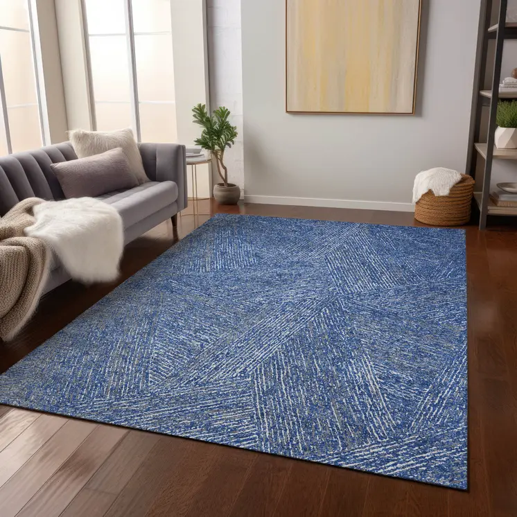 5' X 8' Navy Blue Gray And Ivory Abstract Washable Indoor Outdoor Area Rug
