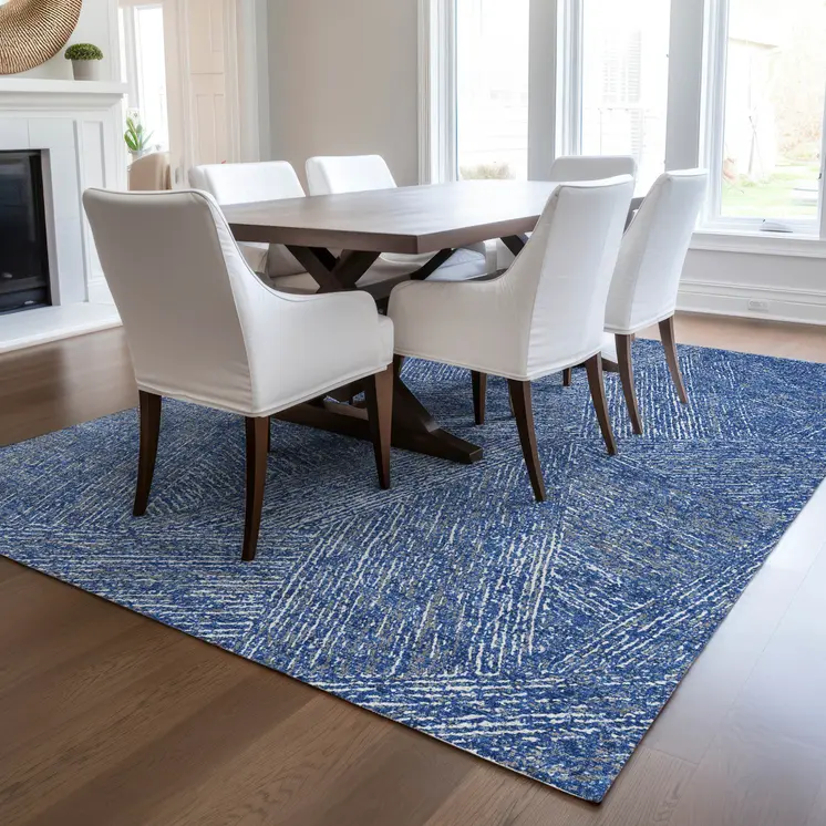 5' X 8' Navy Blue Gray And Ivory Abstract Washable Indoor Outdoor Area Rug