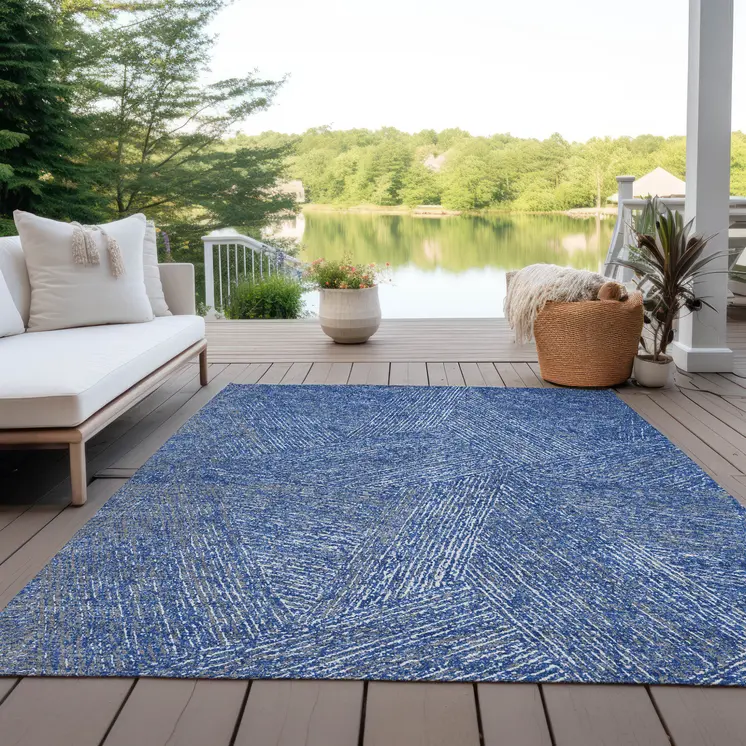 5' X 8' Navy Blue Gray And Ivory Abstract Washable Indoor Outdoor Area Rug
