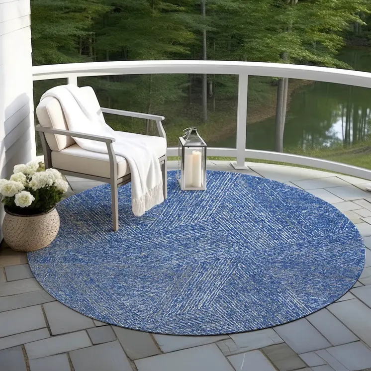8' Navy Blue Gray And Ivory Round Abstract Washable Indoor Outdoor Area Rug