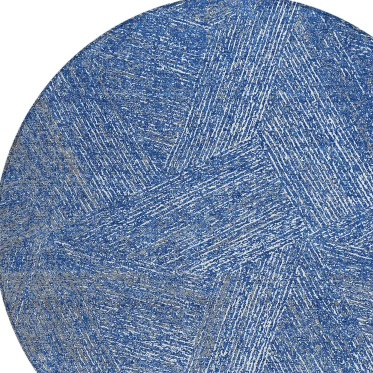 8' Navy Blue Gray And Ivory Round Abstract Washable Indoor Outdoor Area Rug