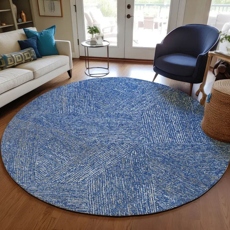 8' Navy Blue Gray And Ivory Round Abstract Washable Indoor Outdoor Area Rug