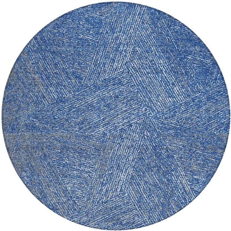 8' Navy Blue Gray And Ivory Round Abstract Washable Indoor Outdoor Area Rug