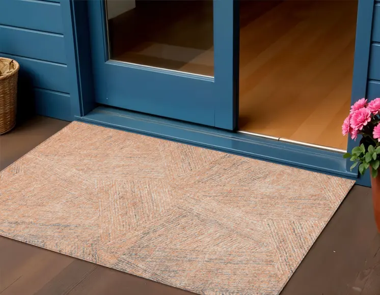 3' X 5' Peach Blue And Ivory Abstract Washable Indoor Outdoor Area Rug