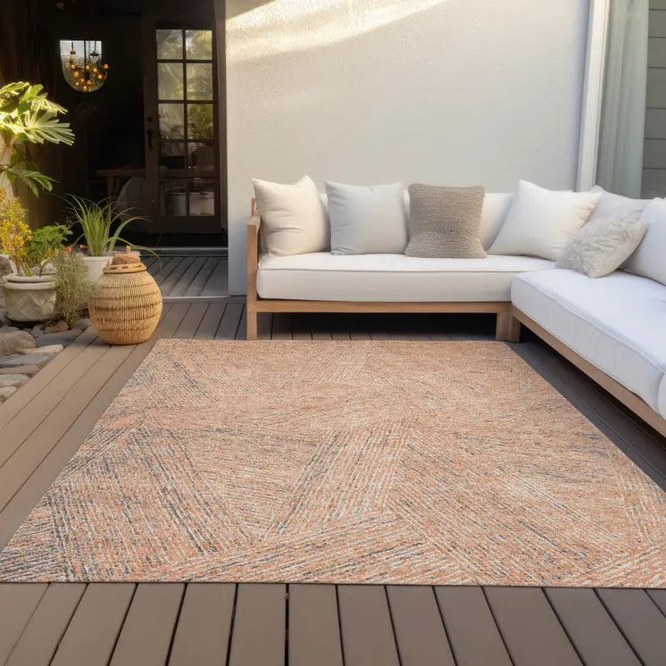 8' X 10' Peach Blue And Ivory Abstract Washable Indoor Outdoor Area Rug