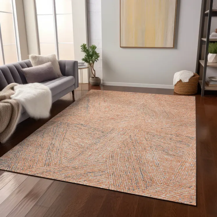 8' X 10' Peach Blue And Ivory Abstract Washable Indoor Outdoor Area Rug