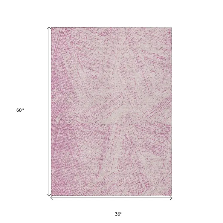 3' X 5' Pink And Ivory Abstract Washable Indoor Outdoor Area Rug