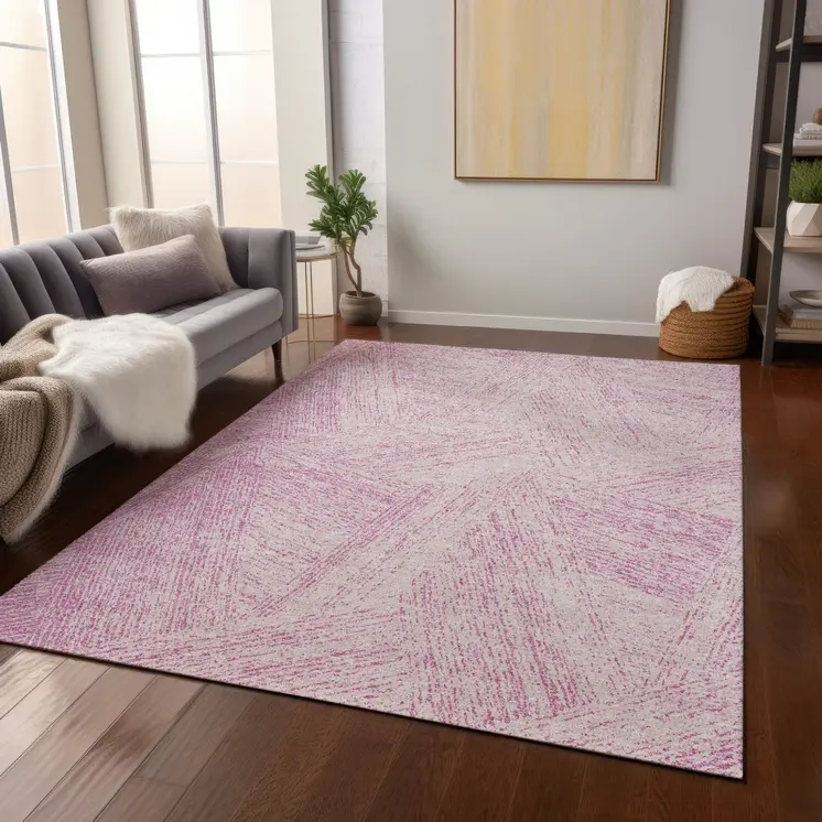 3' X 5' Pink And Ivory Abstract Washable Indoor Outdoor Area Rug