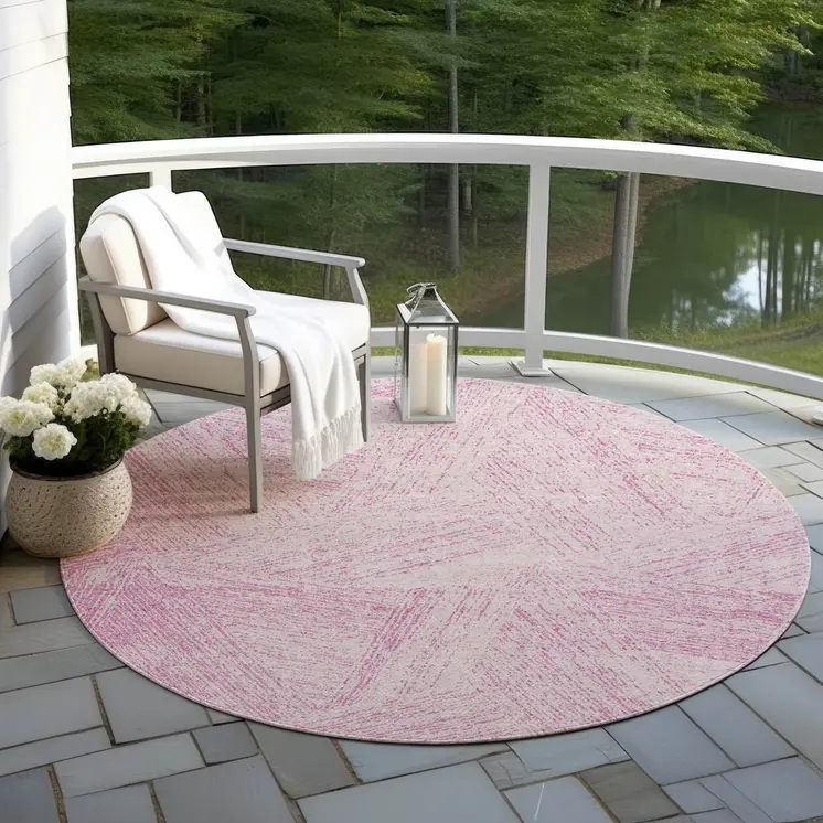 8' Pink And Ivory Round Abstract Washable Indoor Outdoor Area Rug