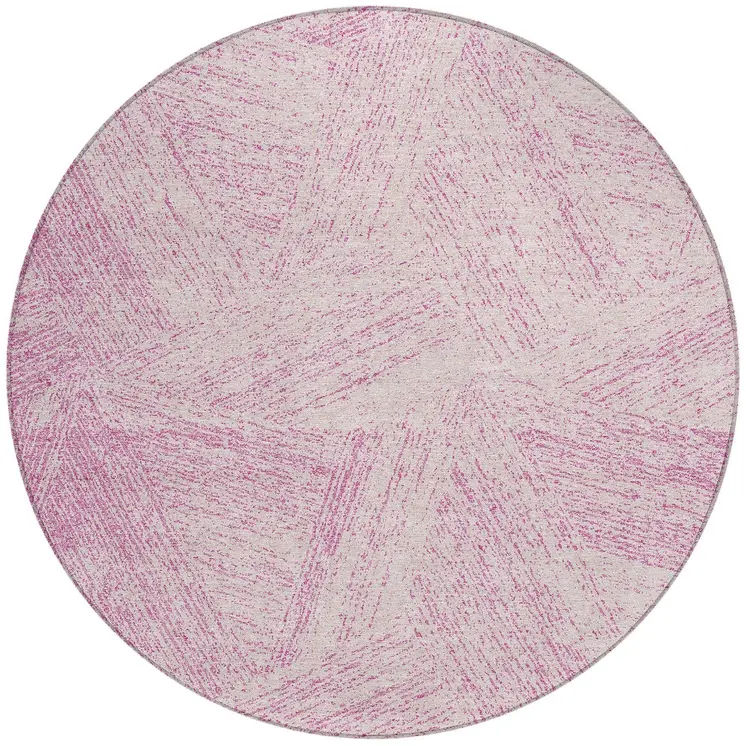 8' Pink And Ivory Round Abstract Washable Indoor Outdoor Area Rug