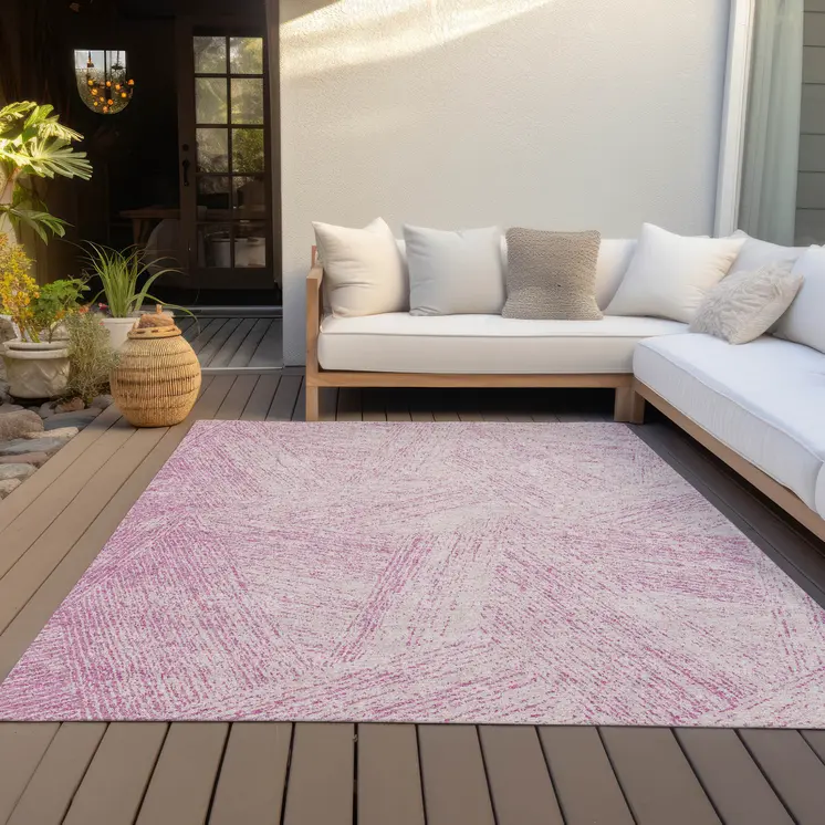 8' X 10' Pink And Ivory Abstract Washable Indoor Outdoor Area Rug