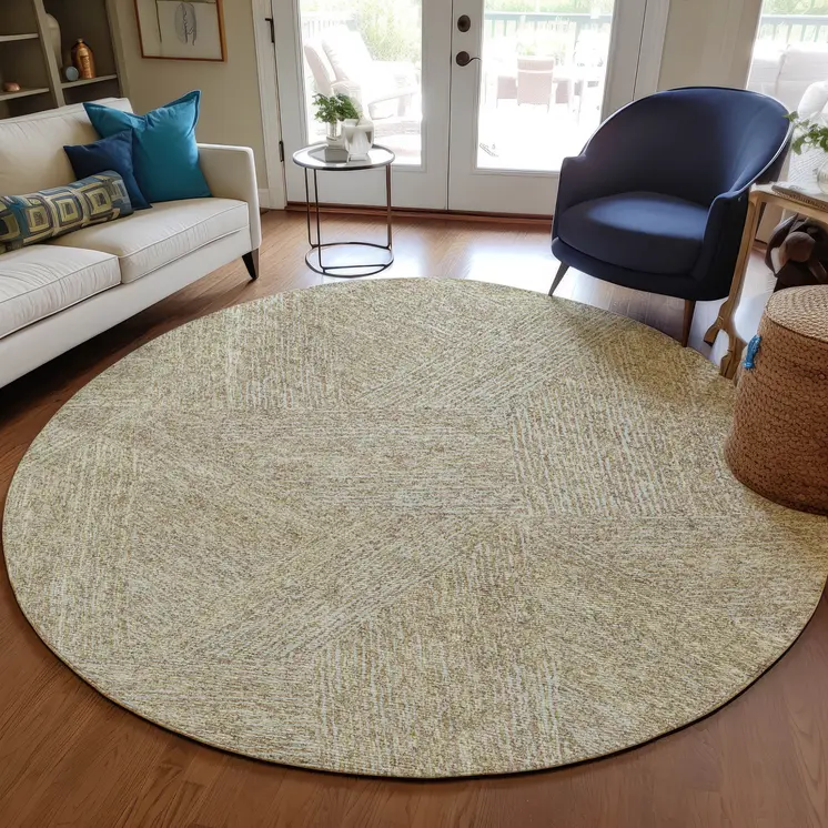 8' Ivory And Brown Round Abstract Washable Indoor Outdoor Area Rug