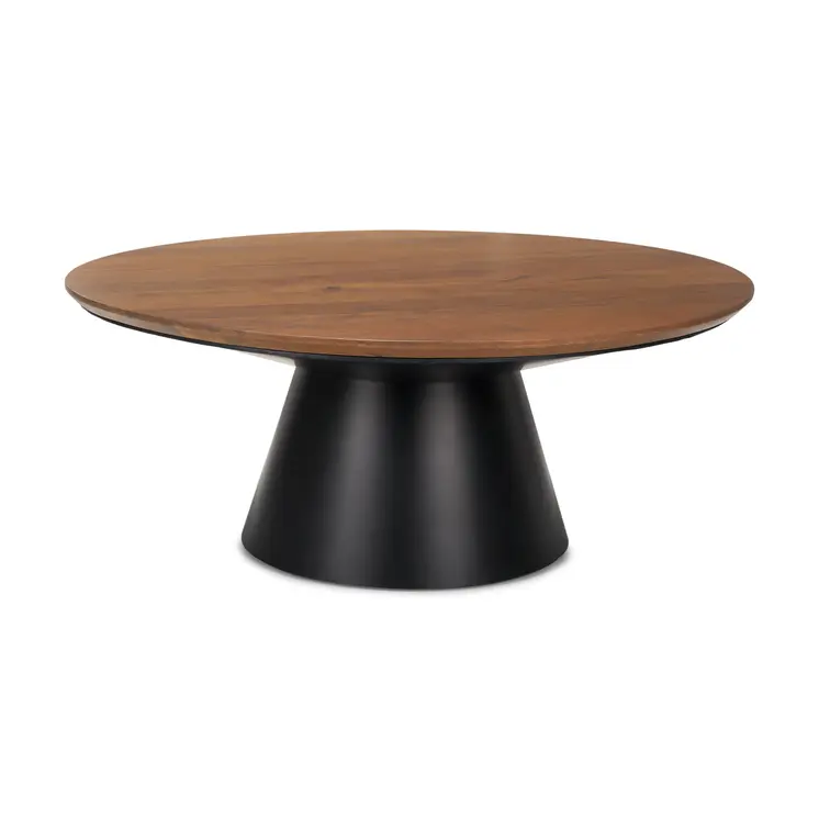 40" Brown and Black Solid Wood and Iron Round Pedestal Coffee Table