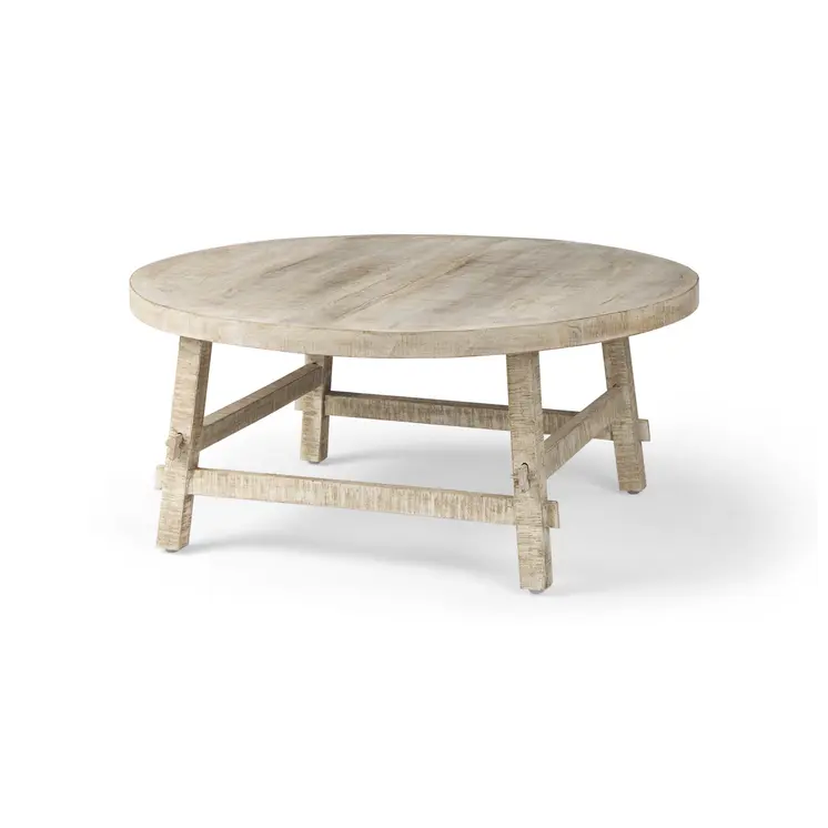 36" White and Natural Solid Wood Round Distressed Coffee Table