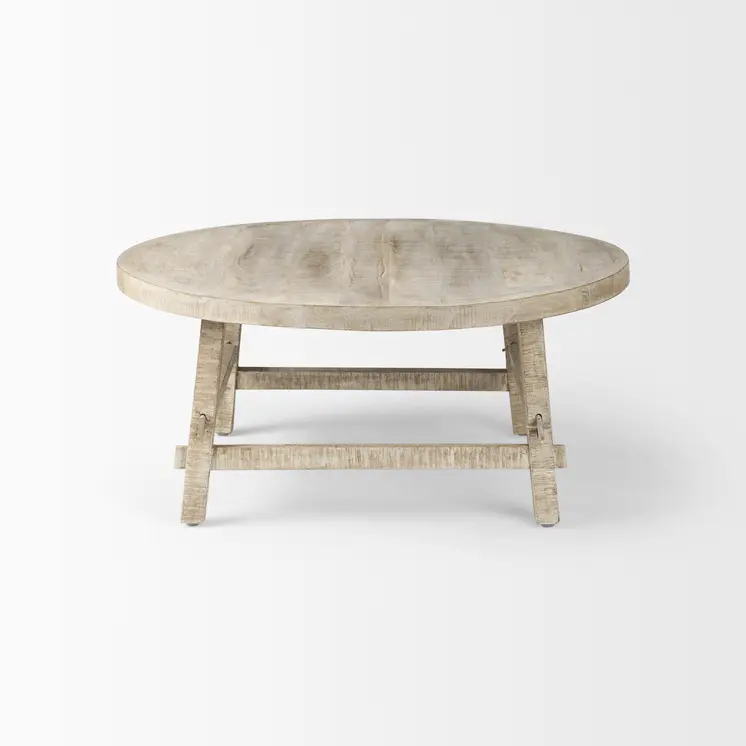 36" White and Natural Solid Wood Round Distressed Coffee Table