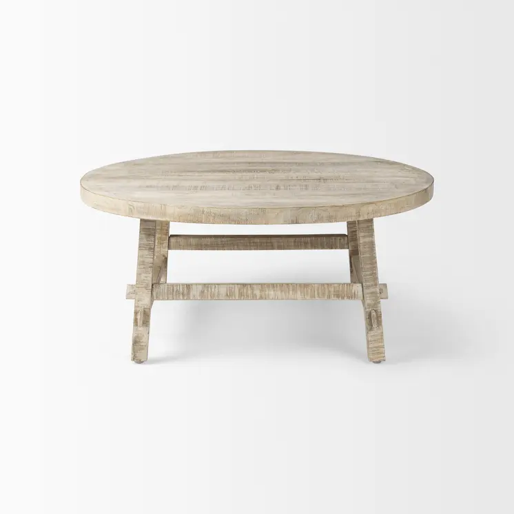 36" White and Natural Solid Wood Round Distressed Coffee Table