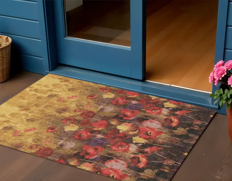 3' X 5' Gold Red And Brown Floral Washable Indoor Outdoor Area Rug