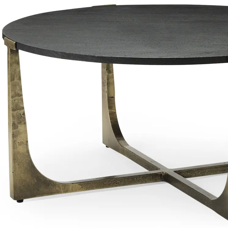 34" Antiqued Gold Solid Wood and Iron Round Distressed Coffee Table