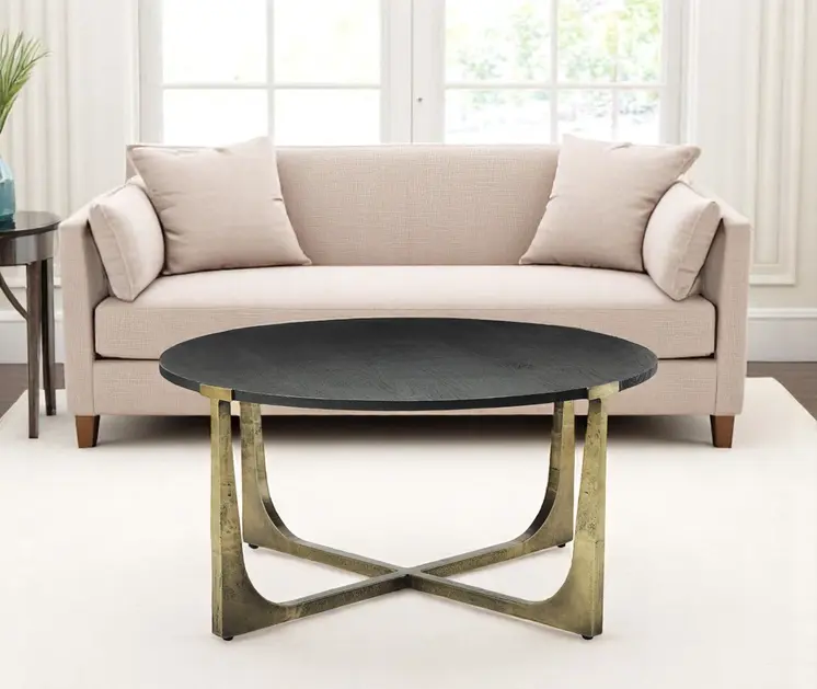 34" Antiqued Gold Solid Wood and Iron Round Distressed Coffee Table