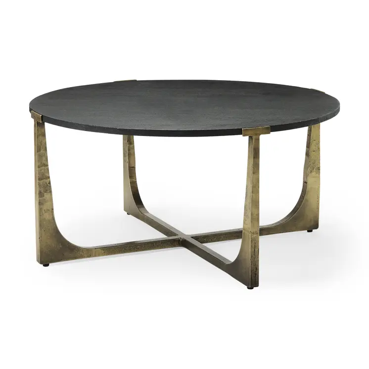 34" Antiqued Gold Solid Wood and Iron Round Distressed Coffee Table
