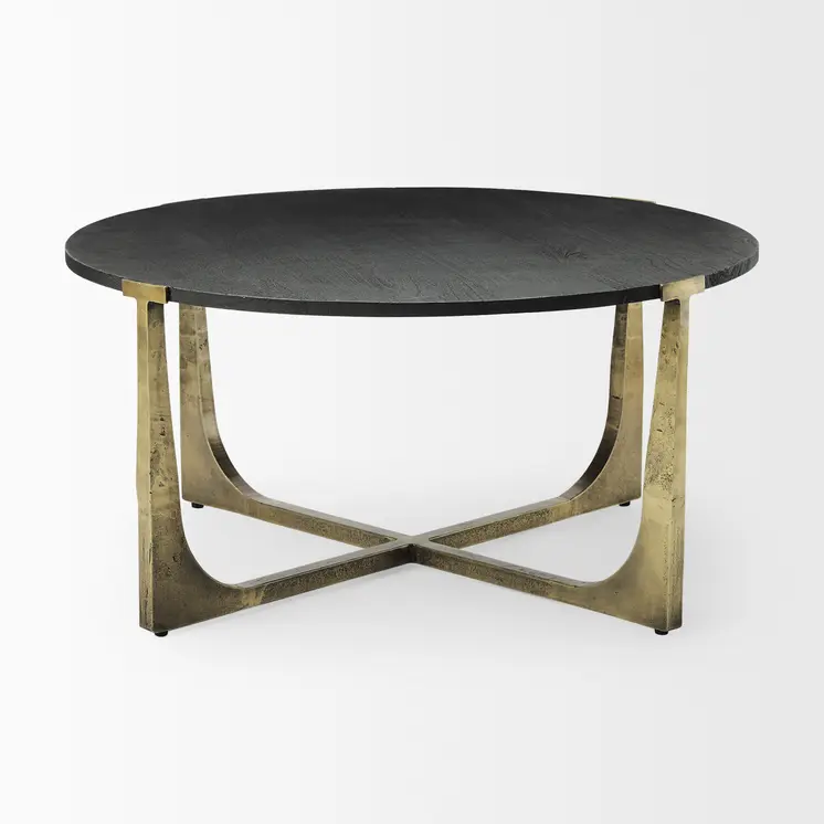 34" Antiqued Gold Solid Wood and Iron Round Distressed Coffee Table
