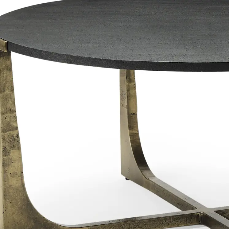 34" Antiqued Gold Solid Wood and Iron Round Distressed Coffee Table