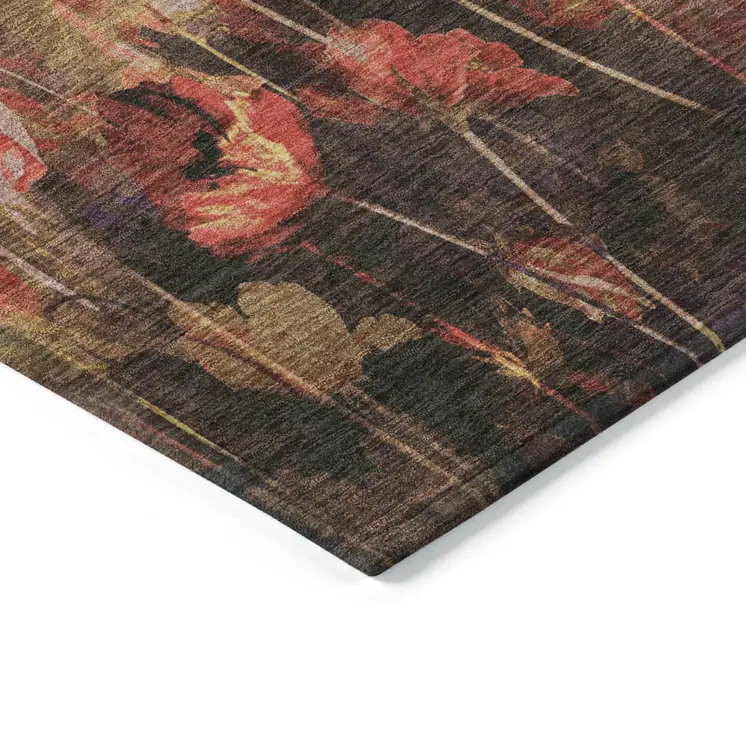 5' X 8' Gold Red And Brown Floral Washable Indoor Outdoor Area Rug