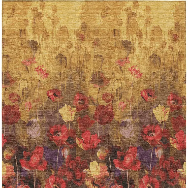 10' X 14' Gold Red And Brown Floral Washable Indoor Outdoor Area Rug
