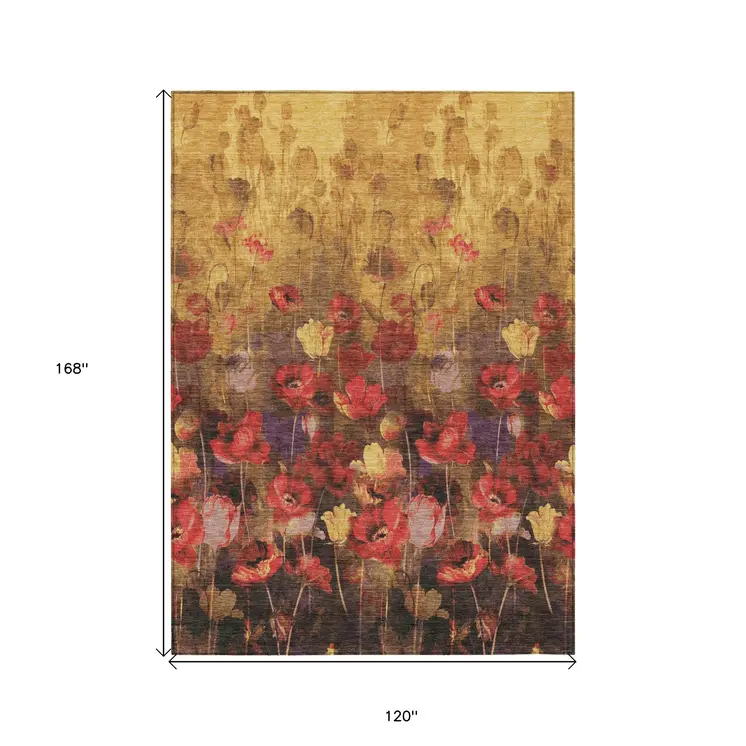 10' X 14' Gold Red And Brown Floral Washable Indoor Outdoor Area Rug