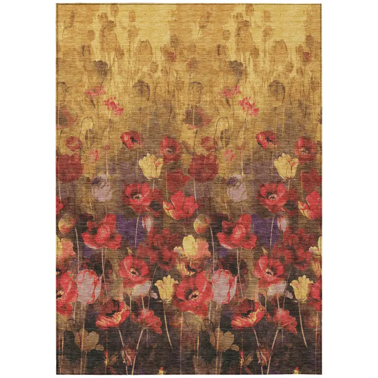 10' X 14' Gold Red And Brown Floral Washable Indoor Outdoor Area Rug