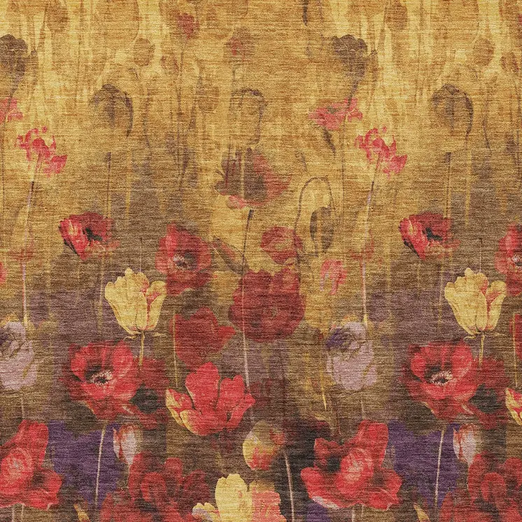 10' X 14' Gold Red And Brown Floral Washable Indoor Outdoor Area Rug