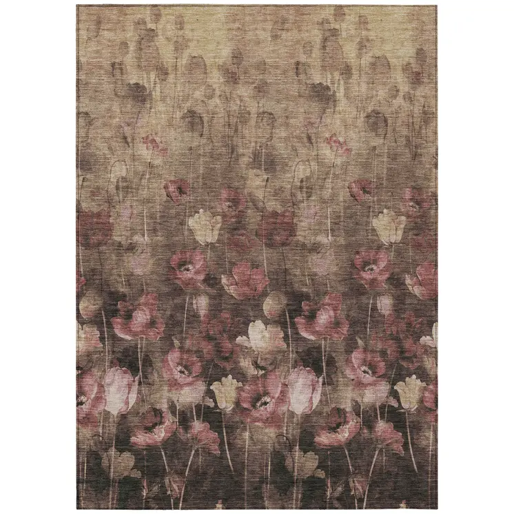 3' X 5' Taupe Brown And Pink Floral Washable Indoor Outdoor Area Rug