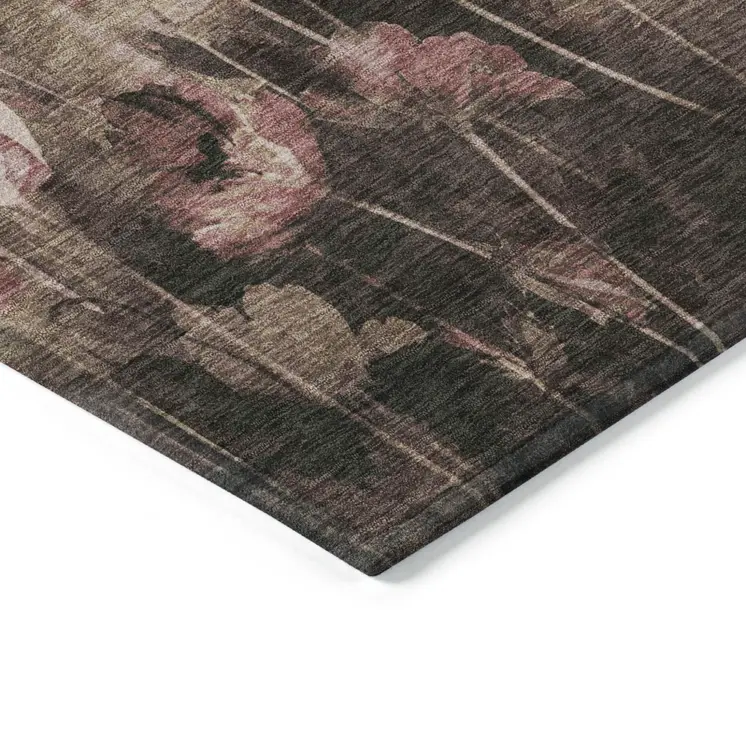 3' X 5' Taupe Brown And Pink Floral Washable Indoor Outdoor Area Rug
