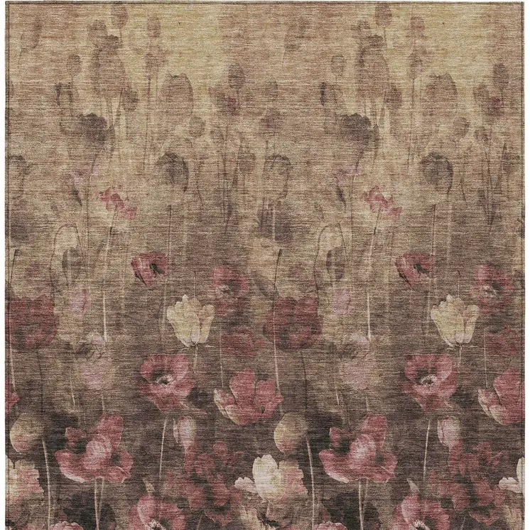 5' X 8' Taupe Brown And Pink Floral Washable Indoor Outdoor Area Rug