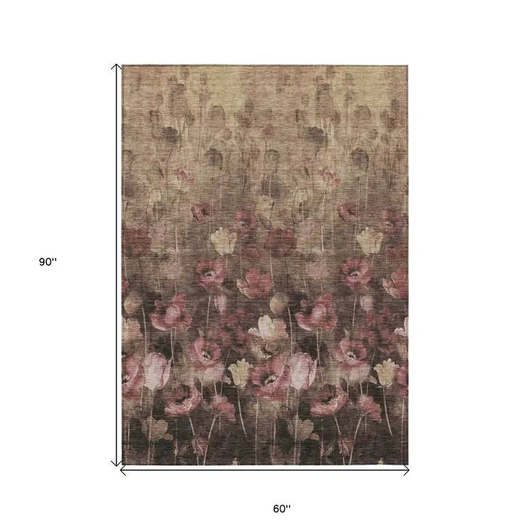 5' X 8' Taupe Brown And Pink Floral Washable Indoor Outdoor Area Rug